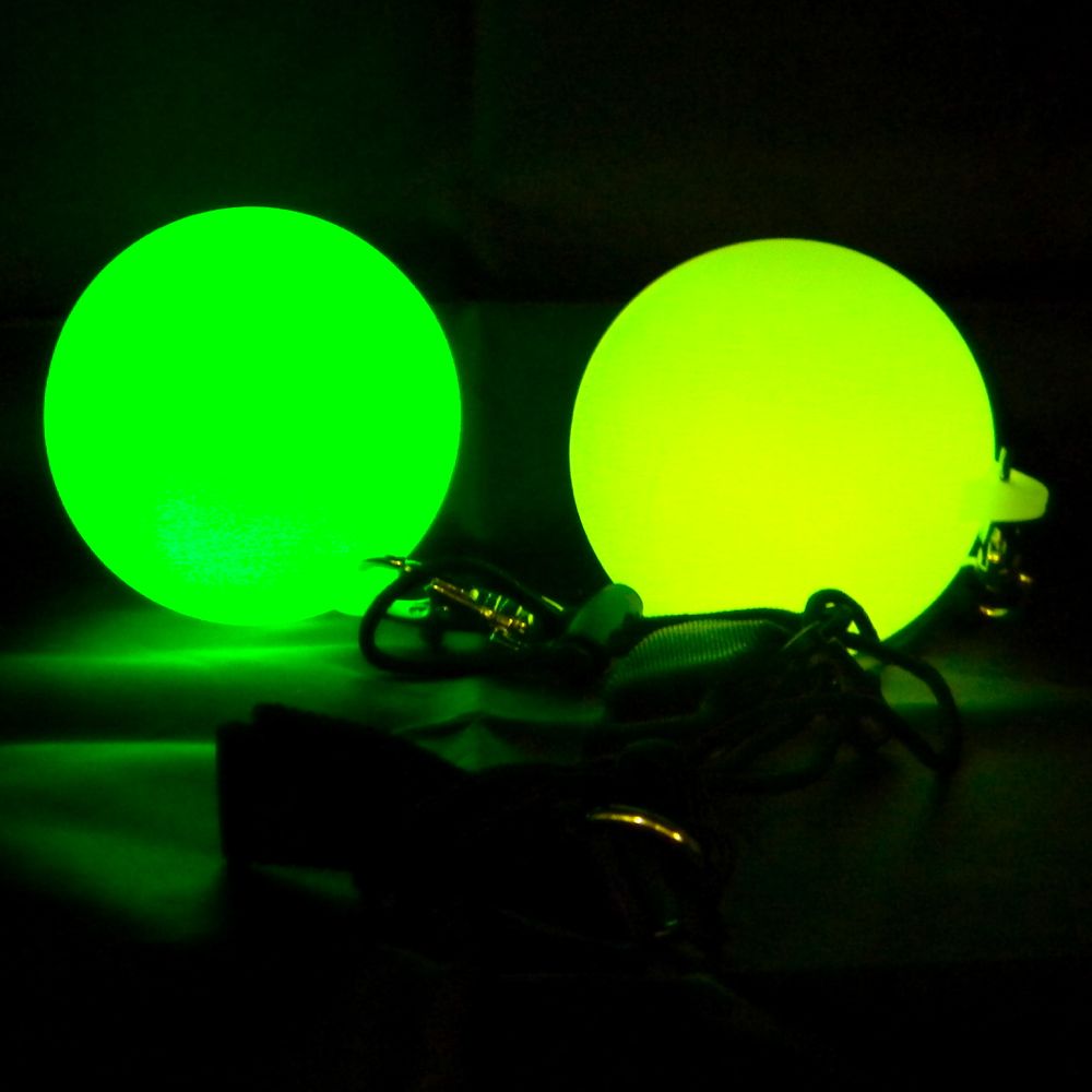 Oddballs Soft Strobe LED Glow Poi  glowing in green/yellow in the dark